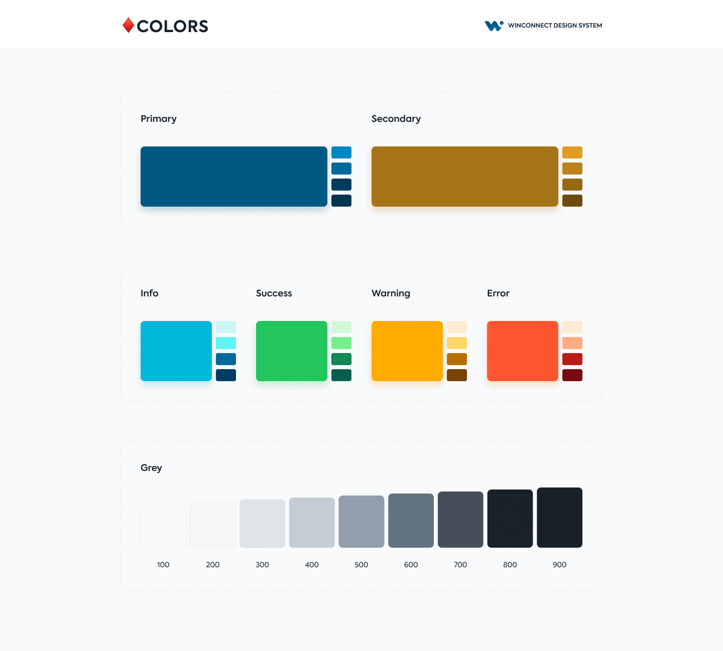 The WinConnect colour page: primary and secondary ramps, four semantic ramps, and a nine-step grey scale