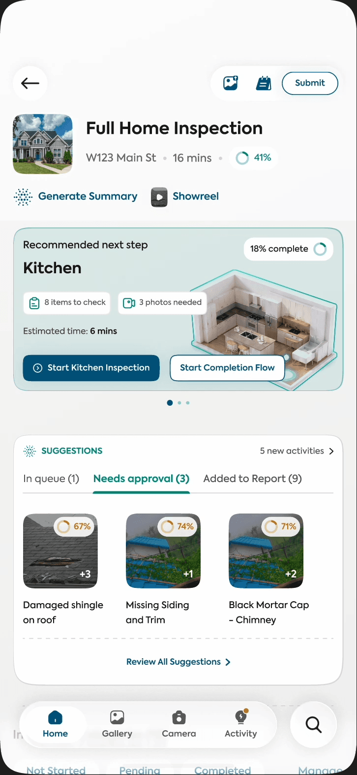WINspect's inspection home: a Full Home Inspection at W123 Main St, the recommended next step (Kitchen), and a row of suggestions waiting for approval