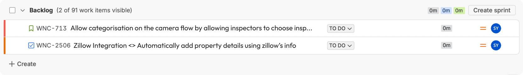 Two tickets in the Winspect backlog. WNC-713: allow categorisation on the camera flow by allowing inspectors to choose inspection categories. WNC-2506: Zillow integration, automatically add property details using Zillow's info.