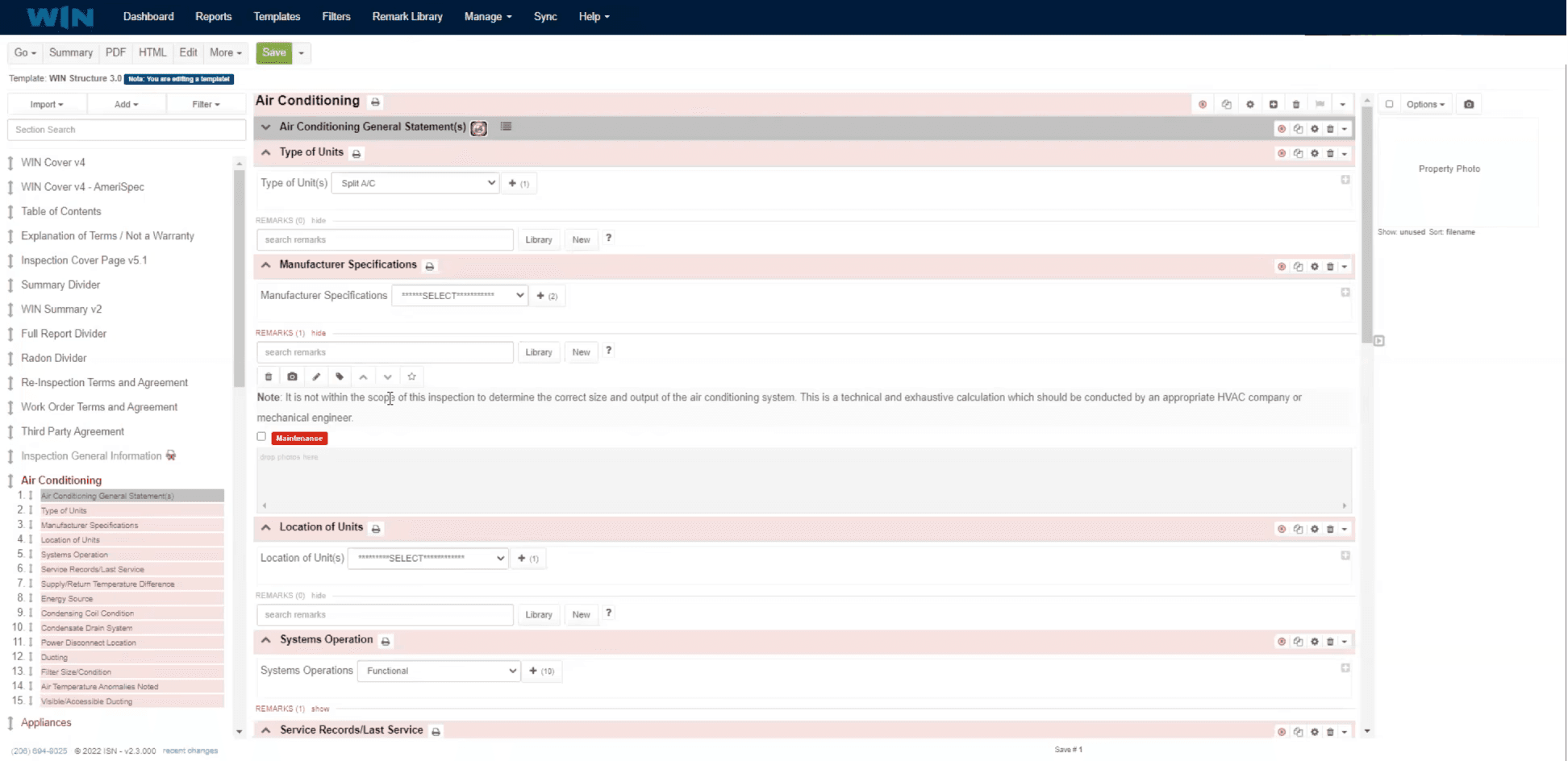 ISN's report writer: a template's section tree down the left, and the Air Conditioning section open on the right with its type, manufacturer, location and operation fields, each with its own remarks search