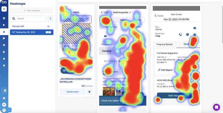 SmartLook heatmaps over three screens of the inspection app, with the heaviest touches on the capture and submit controls